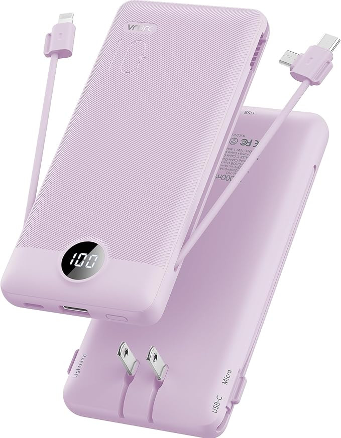 VRURC Portable Charger Built-in Cables and AC Wall Plug, USB C Power Bank 10000mAh, Travel Essent... | Amazon (US)