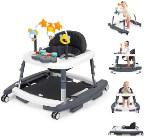 5-in-1 Music and Lights Foldable Baby Walker, Baby Walker with Wheels Portable with 5 Adjustable ... | Amazon (US)