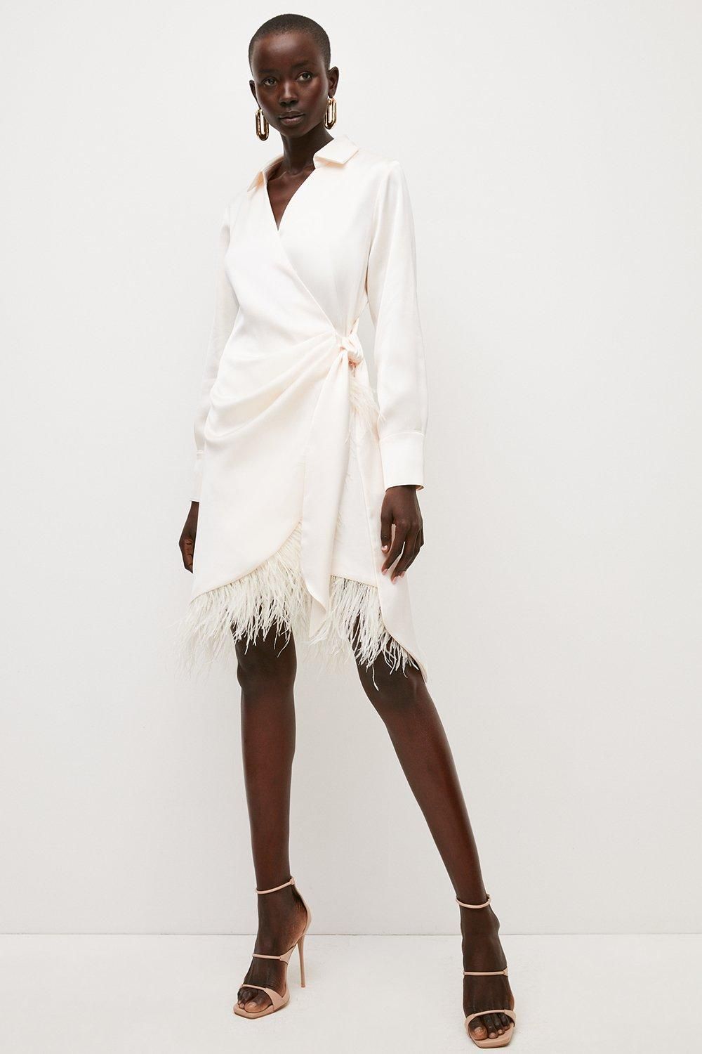 Satin Back Crepe Feather Hem Shirt Mini Dress | Karen Millen US