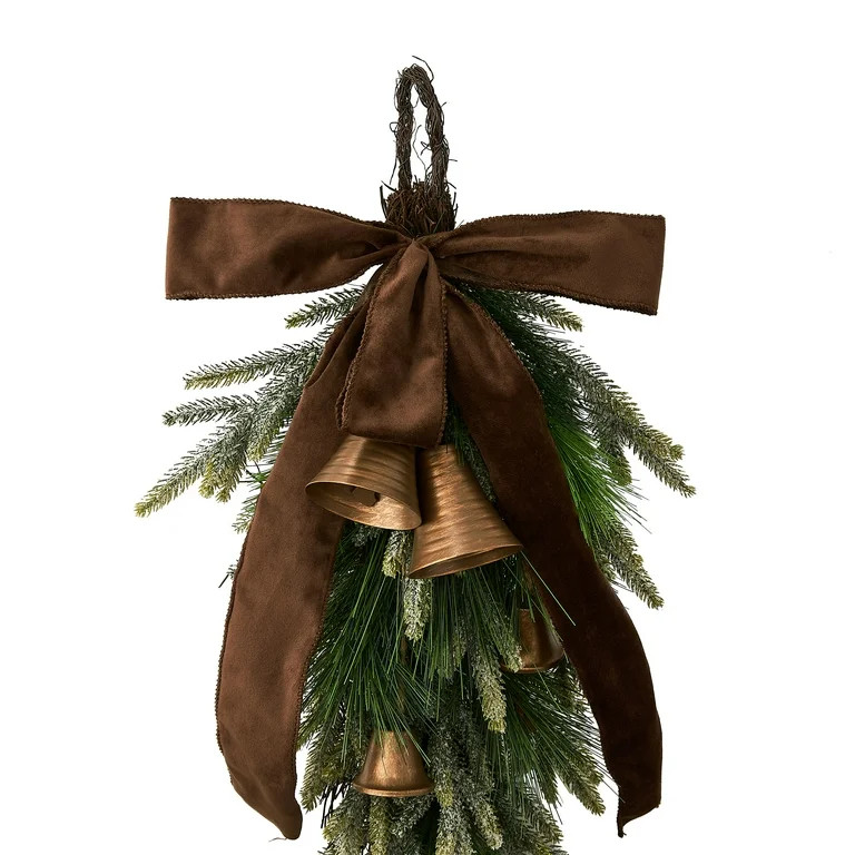 Bells, Bow, and Greenery Decorative Christmas Door Swag, Green and Brown, 28", by Holiday Time | Walmart (US)