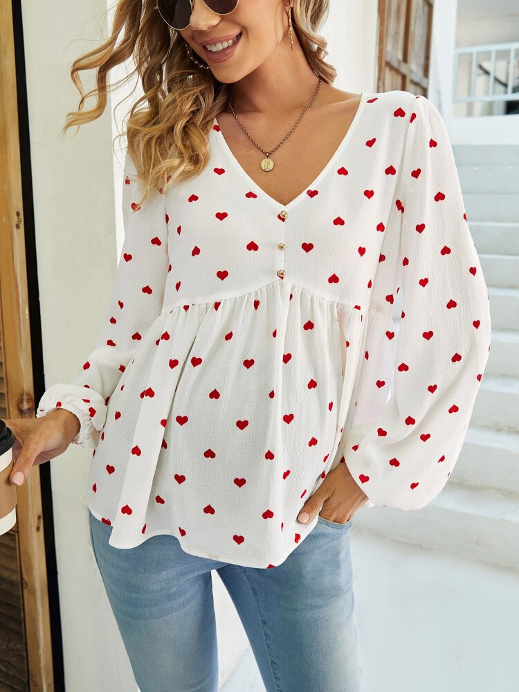 SHEIN Maternity Heart Print Button Front Blouse | SHEIN