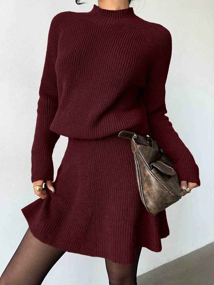 Elenzga Women Loose Casual Round Neck Textured Top And Pleated Skirt 2 Pieces Set | SHEIN