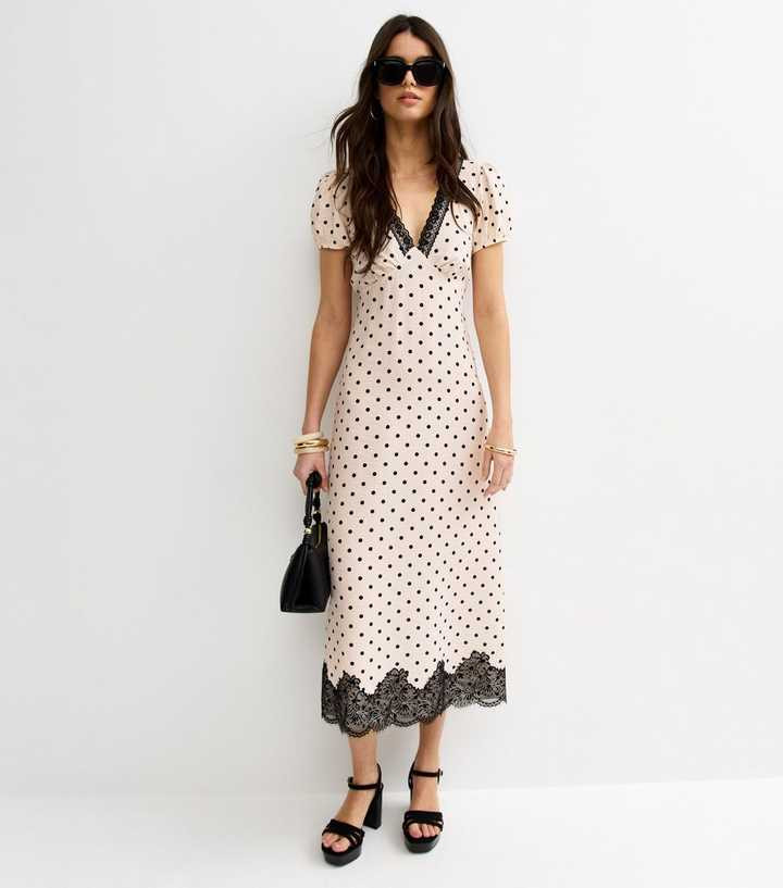 Cream Spot Print Lace Trim V-Neck Midi Dress | New Look | New Look (UK)