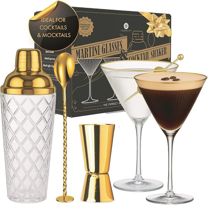 VEMACITY - Luxury Cocktail Shaker Set - Gold Glass Cocktail Shaker with Built-In Strainer + 2 Rib... | Amazon (US)