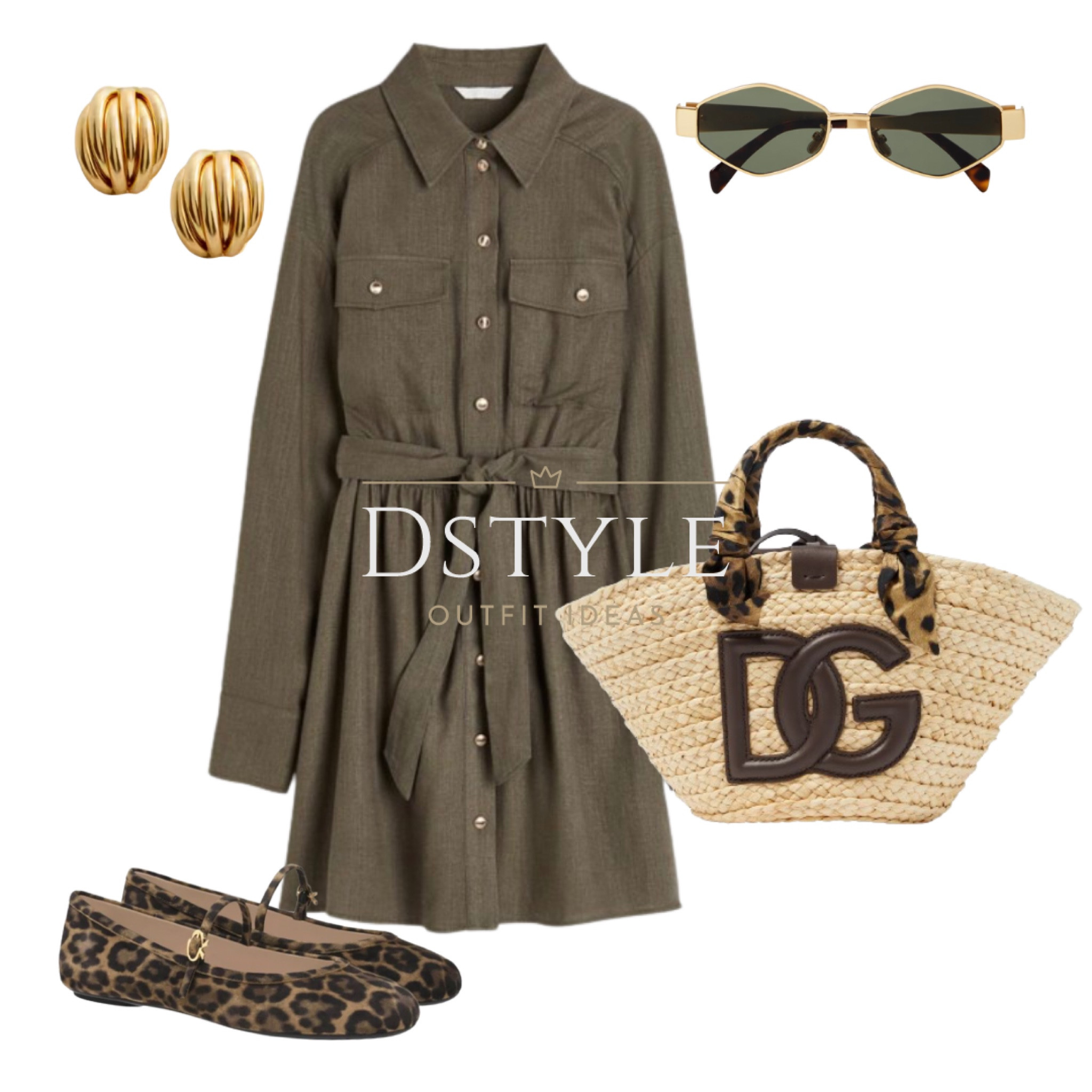 Linen-blend shirt dress in dark khaki green, leopard print ballet flats, straw basket bag, Celine sunglasses, ootd, spring style, summer outfit, vacay look, neutral style

#LTKfindsunder50 #LTKstyletip #LTKitbag