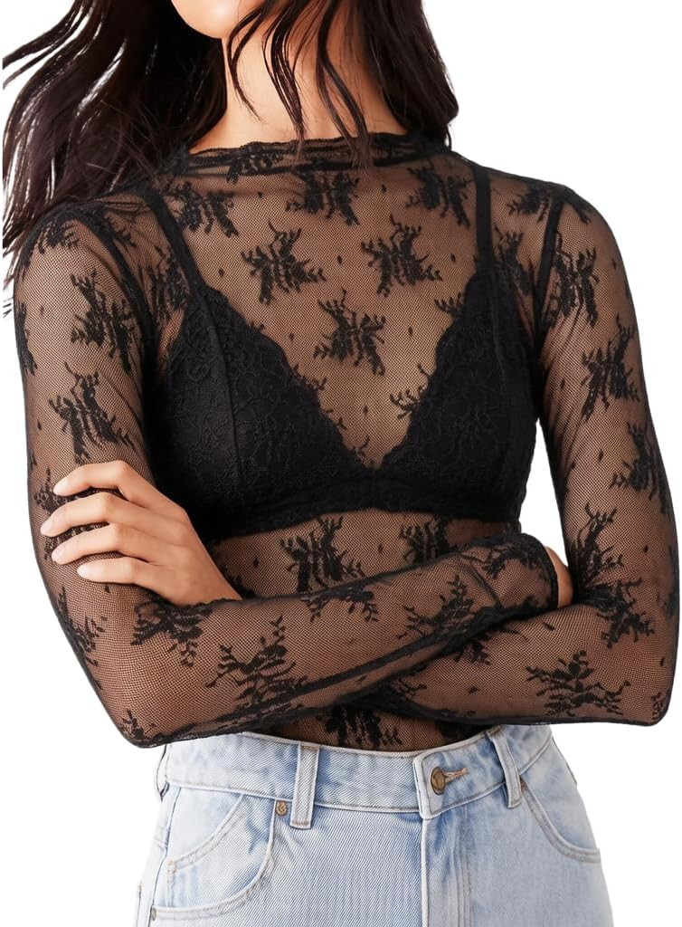 KMBANGI Women's Mesh Lace Long Sleeve Top Mock Neck Sheer Layering Tops | Amazon (US)