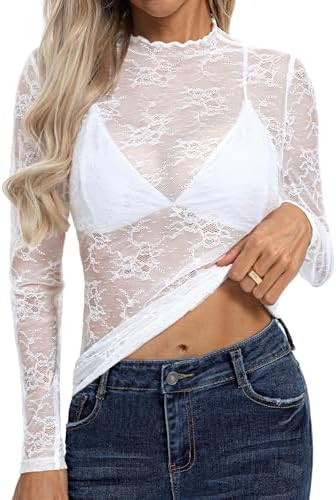 Kate Kasin Lace Tops for Women, Sexy Mesh Long Sleeve Sheer Shirts, Slim Fitted See Through Lace ... | Amazon (US)