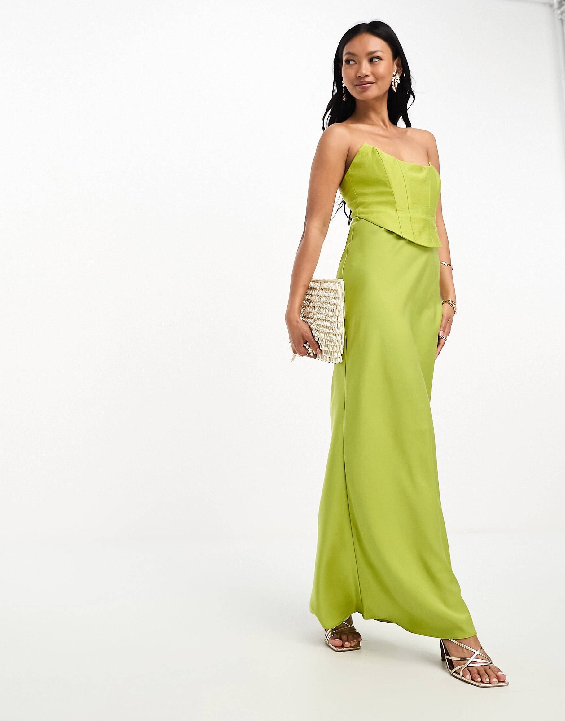 ASOS DESIGN bandeau contrast fabric slip maxi dress with corset detail in olive green | ASOS (Global)