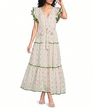 A Loves A Woven Printed Surplice Neck Ruffle Sleeve Self-Tie Belted A-Line Maxi Dress - L | Dillard's
