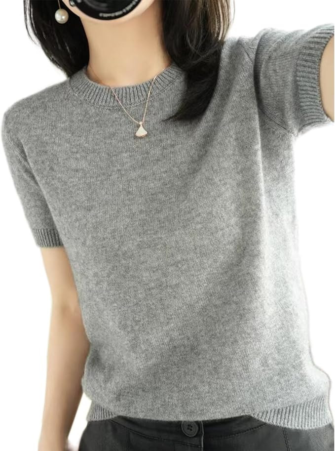 2026 Summer Fall Women's Short Sleeve Sweaters Crew Neck Solid Color Pullover Sweater Lightweight... | Amazon (US)