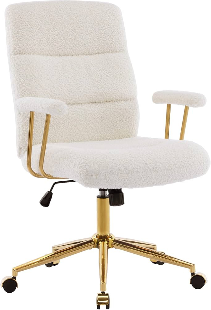 Elegant White and Gold Fuzzy Office Chair with Textured Boucle Fabric, Modern Desk Chair with Pad... | Amazon (US)