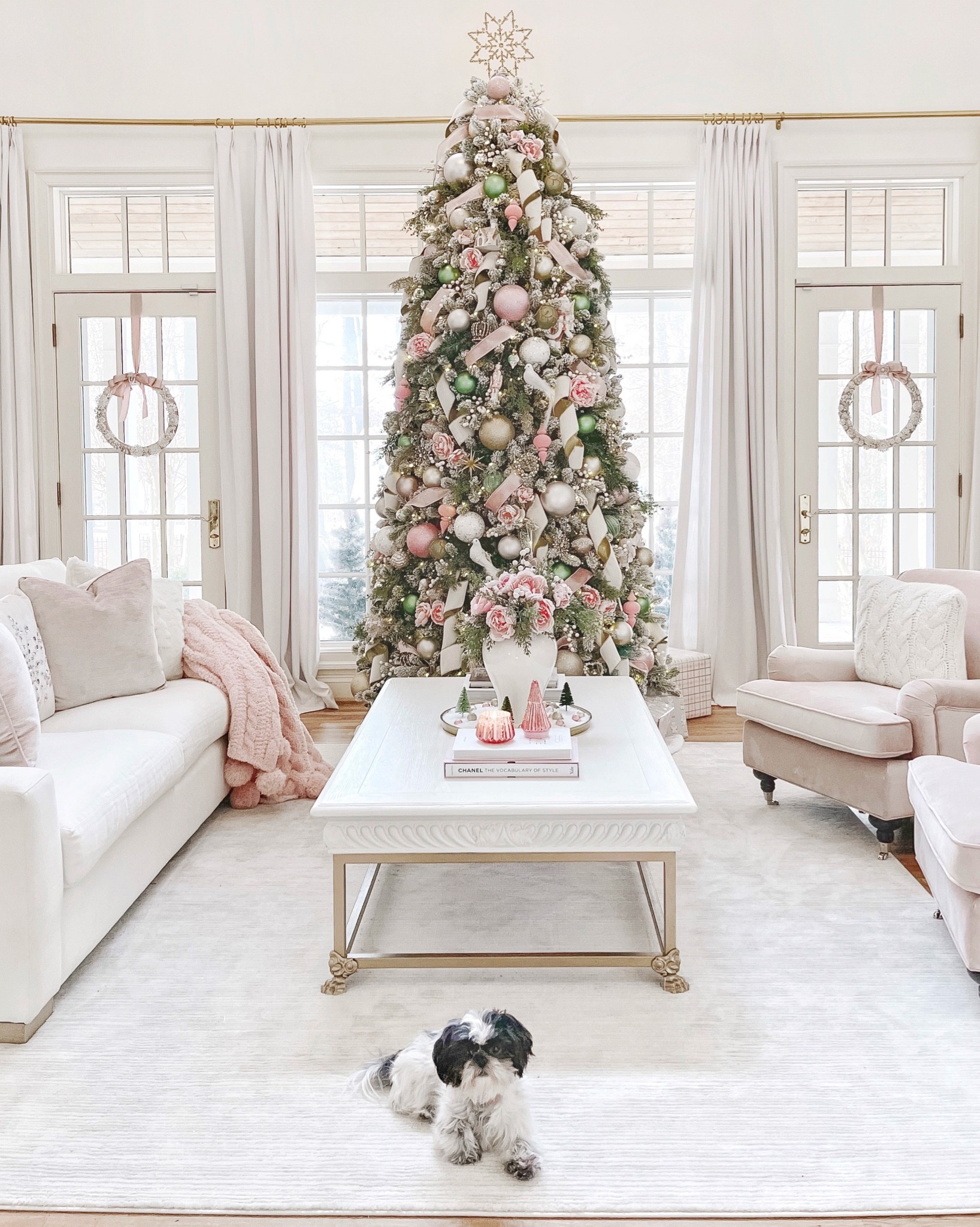 10ft Christmas tree. Living room, rug, arhaus, pink chairs, pink christmas

#LTKHoliday #LTKhome #LTKSeasonal