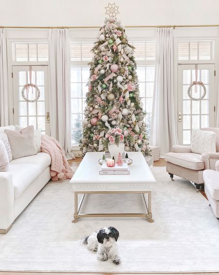10ft Christmas tree. Living room, rug, arhaus, pink chairs, pink christmas

#LTKHoliday #LTKhome #LTKSeasonal