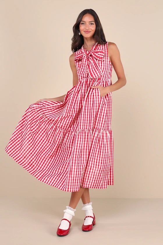 Stables Red and White Gingham Tiered Midi Dress With Pockets | Lulus