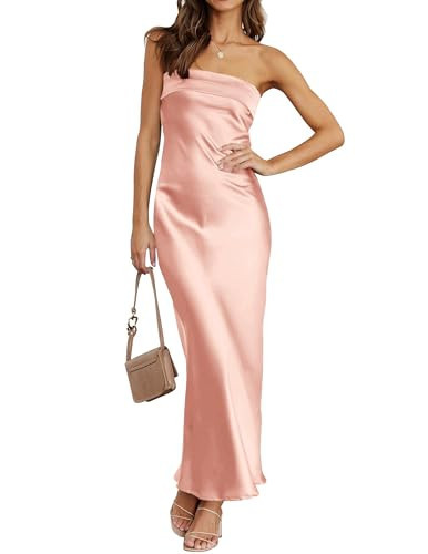 MEROKEETY Women's Cocktail Dresses Summer 2026 Satin Strapless Tube Bodycon Backless Wedding Guest Formal Party Maxi Dress, Light Pink, XS | Amazon (US)