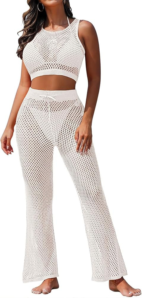 Pink Queen Women's Swimsuit Cover Up Set 2 Pieces Crochet Sleeveless Crop Top Wide Leg Long Pants... | Amazon (US)