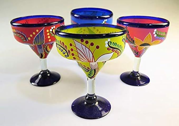 Mexican Glass Margarita Hand Painted Flowers, Mixed, 14 Oz, Set of 4 | Amazon (US)