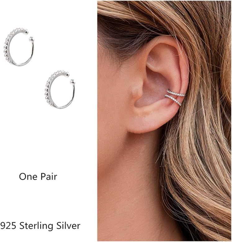 Fake Hoop Earrings CZ Cubic Zirconia Cartilage Earring 925 Sterling Silver Earrings Ear Cuff Hugg... | Amazon (US)