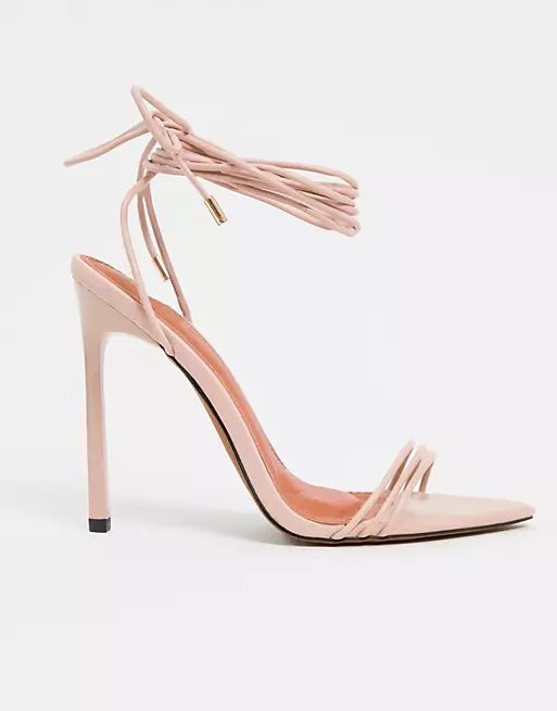 ASOS DESIGN Nadine tie leg high heeled sandals on pointed insole in beige | ASOS (Global)
