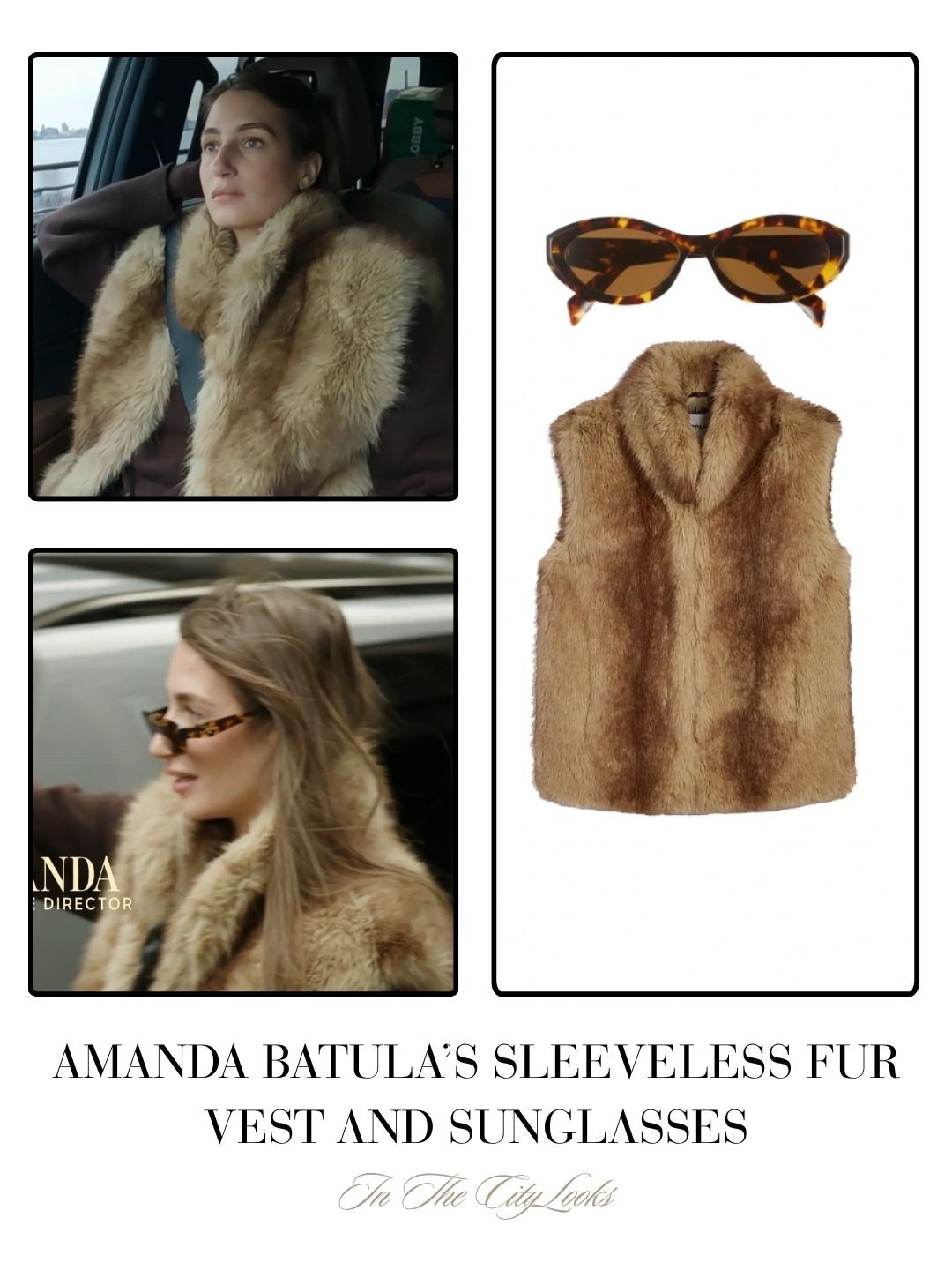 Amanda Batula’s Sleeveless Fur Vest and Sunglasses