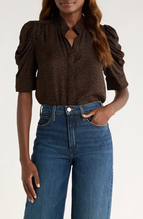 FRAME The Leopard Gillian Puff Sleeve Silk Top at Nordstrom, Size Small | Nordstrom