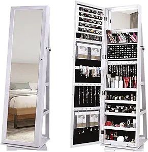 SDHYL Rotating Jewelry Cabinet with Mirror, Full Length Wooden Storage Armoire with Lock | Amazon (US)