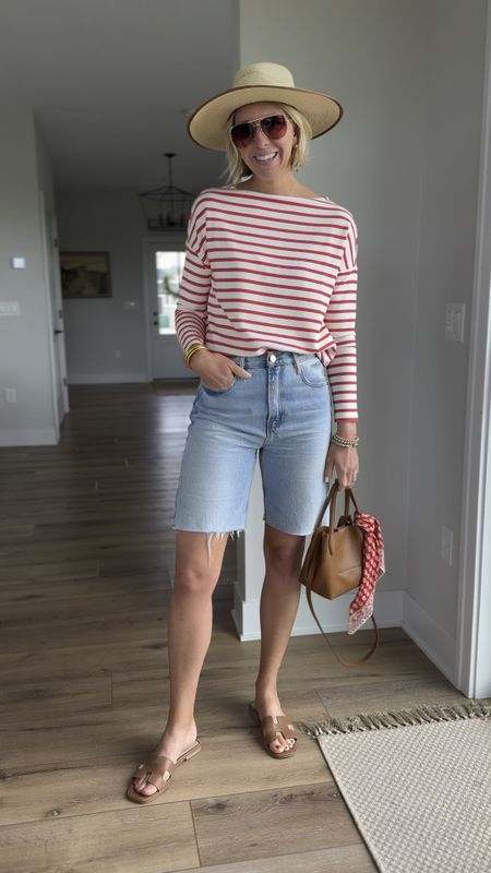 French girl summer outfit with stripe top, long denim shorts + hat & leather slides

Use my code: SARAHKELLYXSPANX for 10% off + free shipping 

#LTKOver40 #LTKStyleTip #LTKFindsUnder100