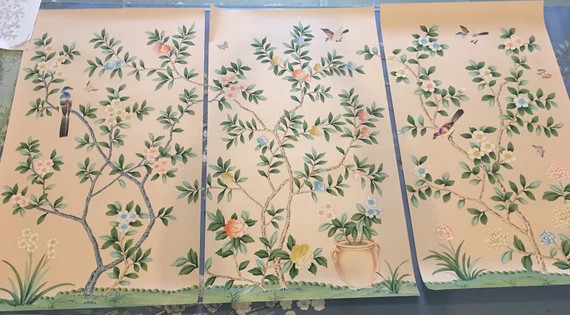 24" x 42" Chinoiserie Handpainted Silk Artwork on Pale Pink Spun Silk SP-23 | Etsy (US)