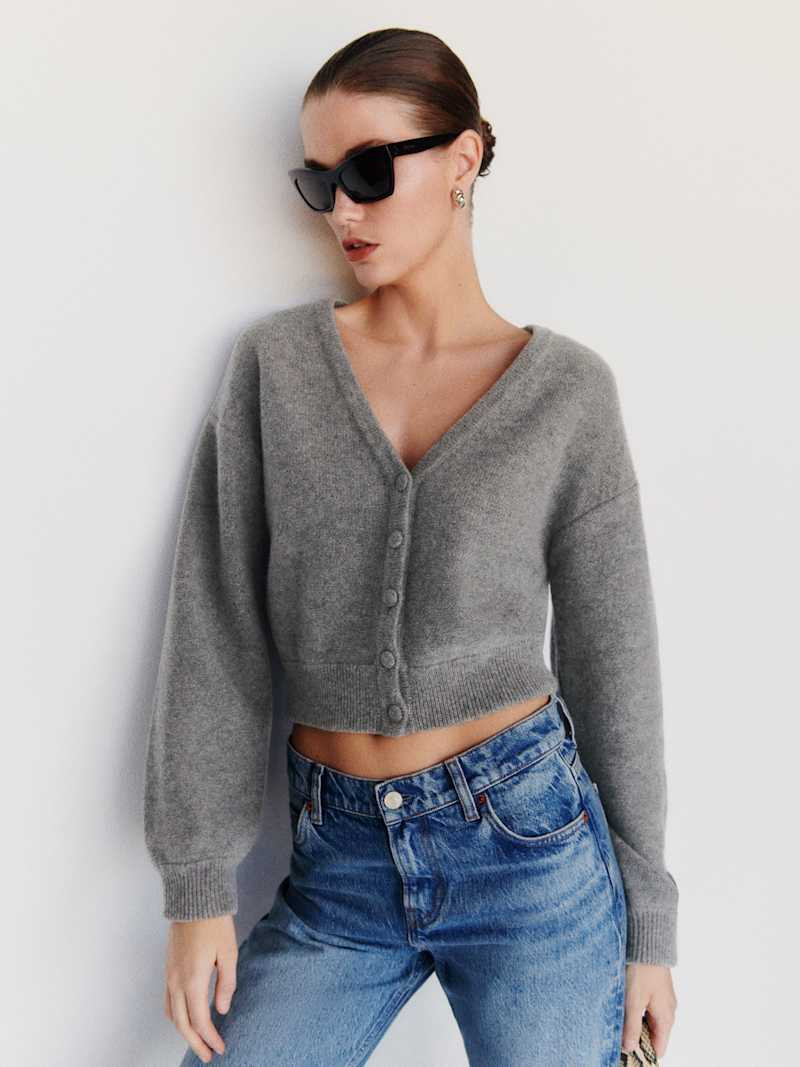 Reformation Sloane Regenerative Wool Cropped V-Neck Cardigan Mid Grey XS | Reformation (Global)