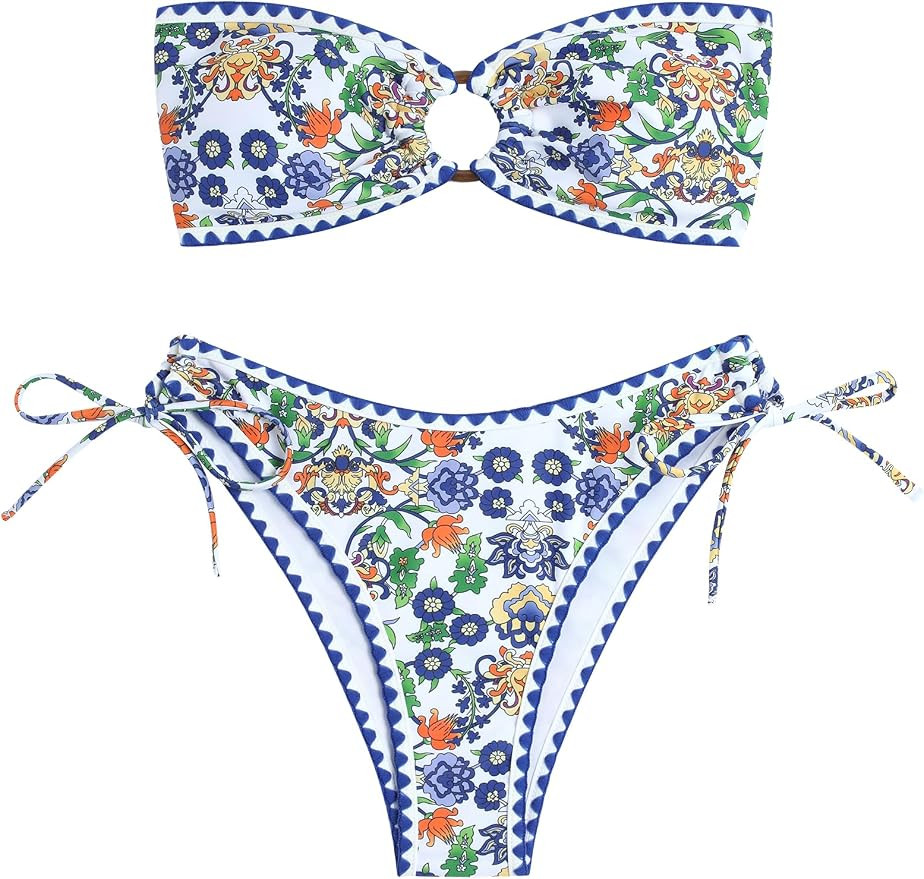 ZAFUL Women's Bandeau Bikini O Ring Strapless Tie Back High Cut Two Piece Swimsuit Bathing Suits | Amazon (US)