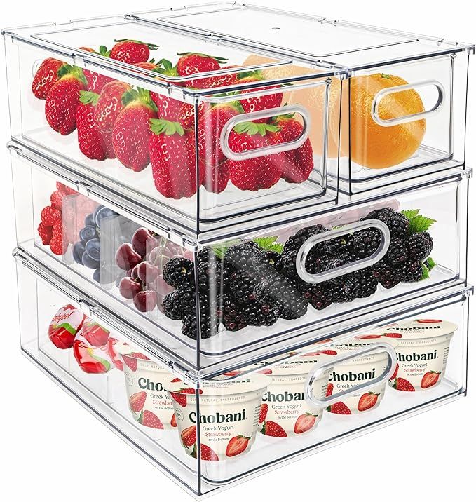 MANO Fridge Drawer Pull Out Stackable Bins with Handle Clear Refrigerator Drawers Organizer Food ... | Amazon (US)