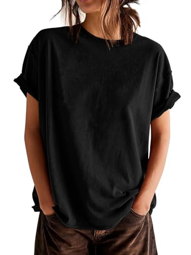 ELGOGY Women’s Oversized T-Shirts Short Sleeve Crewneck Drop Shoulder Basic Tops Summer Casual Loose Tee Shirts Black M | Amazon (US)