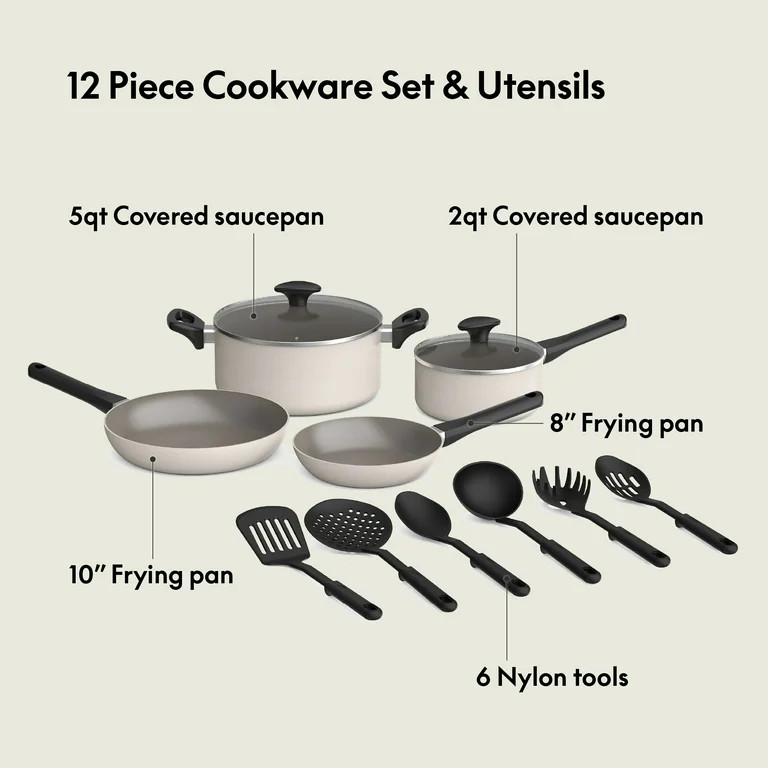 bella 12-Piece Ceramic Nonstick Cookware Set, Oatmilk | Walmart (US)