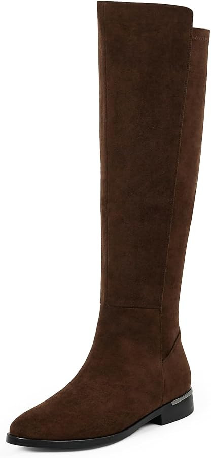 Modatope Knee High Boots Women Flat Rounded Toe Stretchy Boots Side Zipper Dress Tall Boot | Amazon (US)