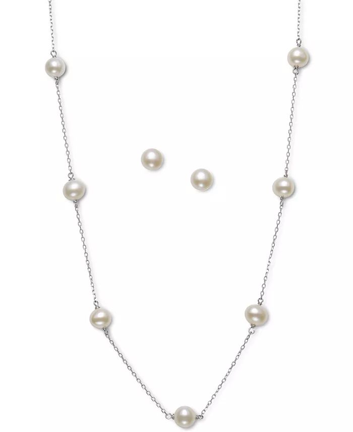 2-Pc. Set White Cultured Freshwater Pearl (6mm) Collar Necklace & Matching Stud Earrings in Sterl... | Macys (US)