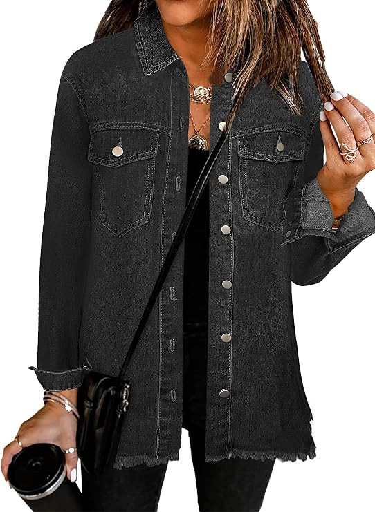 Women's Oversized Jean Jacket Casual Long Sleeve Denim Shirts Distressed Frayed Hem Denim Shacket | Amazon (US)