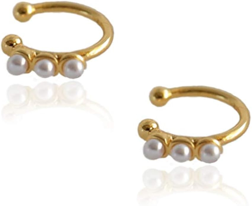 Faux Pearl Crown Cuffs Clip on Earrings for Women Teen Girls 925 Sterling Silver 14K Yellow Gold ... | Amazon (US)