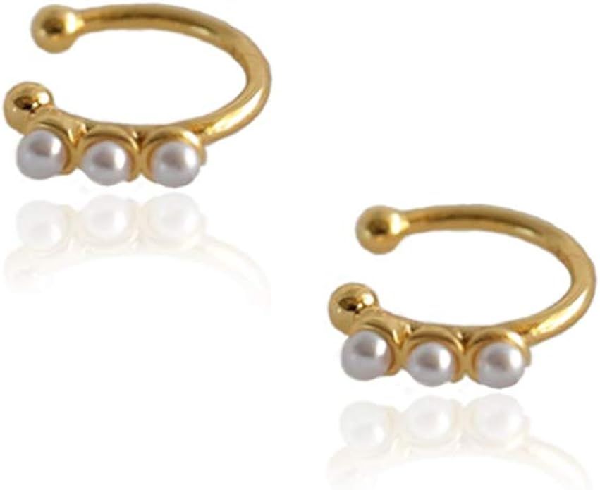 Faux Pearl Crown Cuffs Clip on Earrings for Women Teen Girls 925 Sterling Silver 14K Yellow Gold ... | Amazon (US)