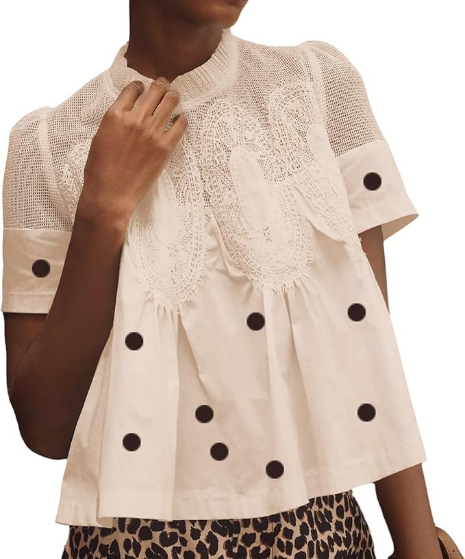 Women Lace Trim Blouse Mesh See Through Puff Short Sleeve Ruffle Pleated Shirts Mock Neck Summer ... | Amazon (US)