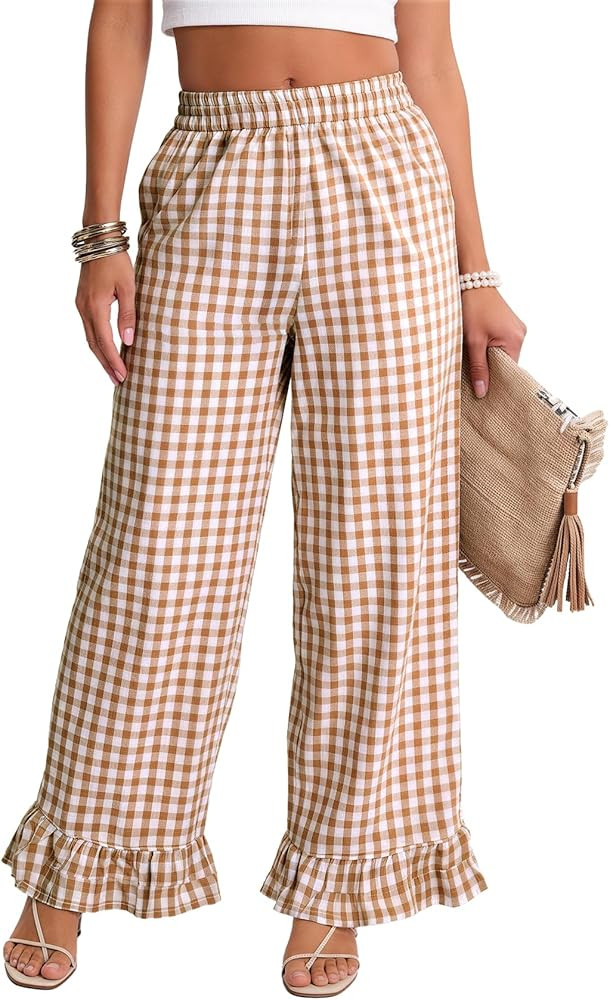 Flygo Women's Gingham Pants Y2K Cotton Wide Leg Ruffle Hem Lounge Pants Plaid Elastic Waisted Tro... | Amazon (US)
