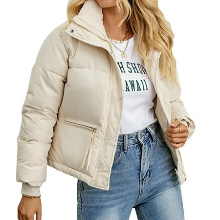 IDOPIP Cropped Puffer Jacket for Women Long Sleeve Lightweight Zip Short Jacket Coat with Pockets | Walmart (US)
