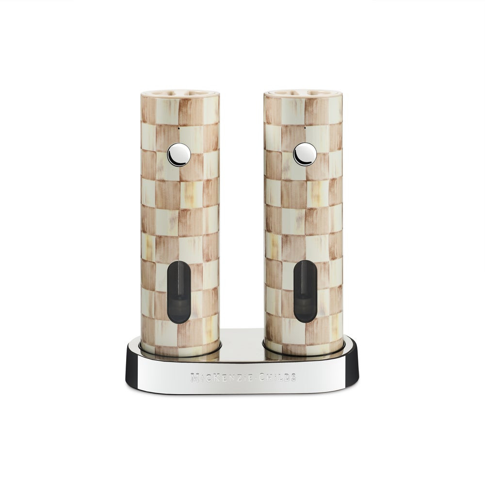 Mocha Check Electric Salt & Pepper Grinder Set | MacKenzie-Childs
