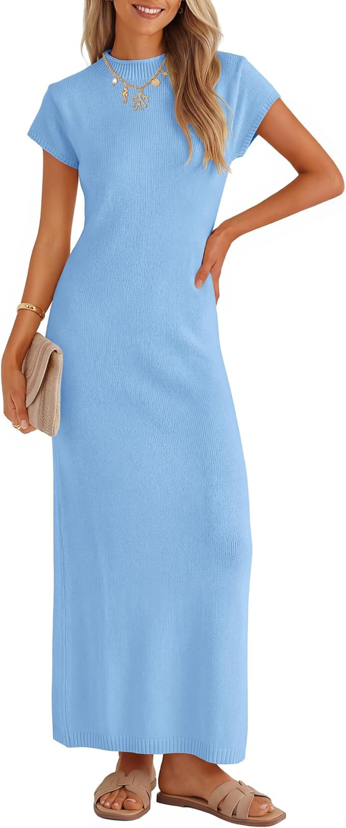 ZESICA Womens Summer Bodycon Maxi Dress 2026 Business Casual Short Sleeve Crewneck Knit Slit Spri... | Amazon (US)