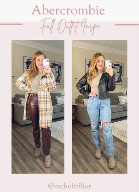 2 ways to style this cream bodysuit from Abercrombie! Fall outfits, jeans, denim, shackets, boots, fall style, plaid coat, cozy weekend outfit, leather jacket 

#LTKstyletip #LTKSale #LTKSeasonal