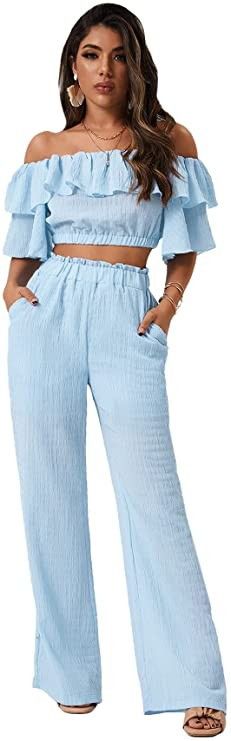 Romwe Women's 2 Piece Outfit Off The Shoulder Crop Top Wide Leg Pants set,Amazon Memorial Day Outfit | Amazon (US)