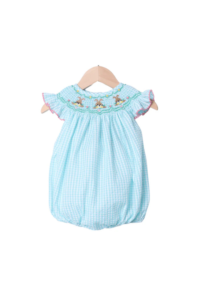 Smocked Turquoise Gingham Seersucker Easter Bunny Bubble | The Smocked Flamingo