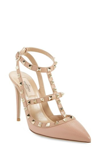 Women's Valentino Garavani 'Rockstud' T-Strap Pointy Toe Pump, Size 5US / 35EU - Beige | Nordstrom