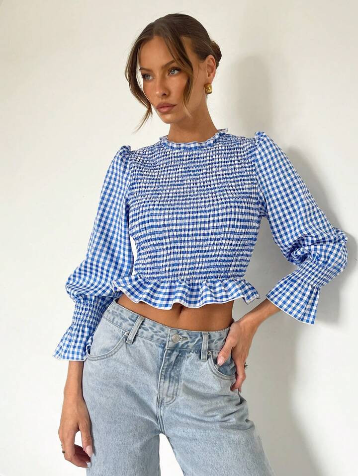 SHEIN Essnce Women's Blue And White Plaid Pullover Shirt  Summer Shirt | SHEIN