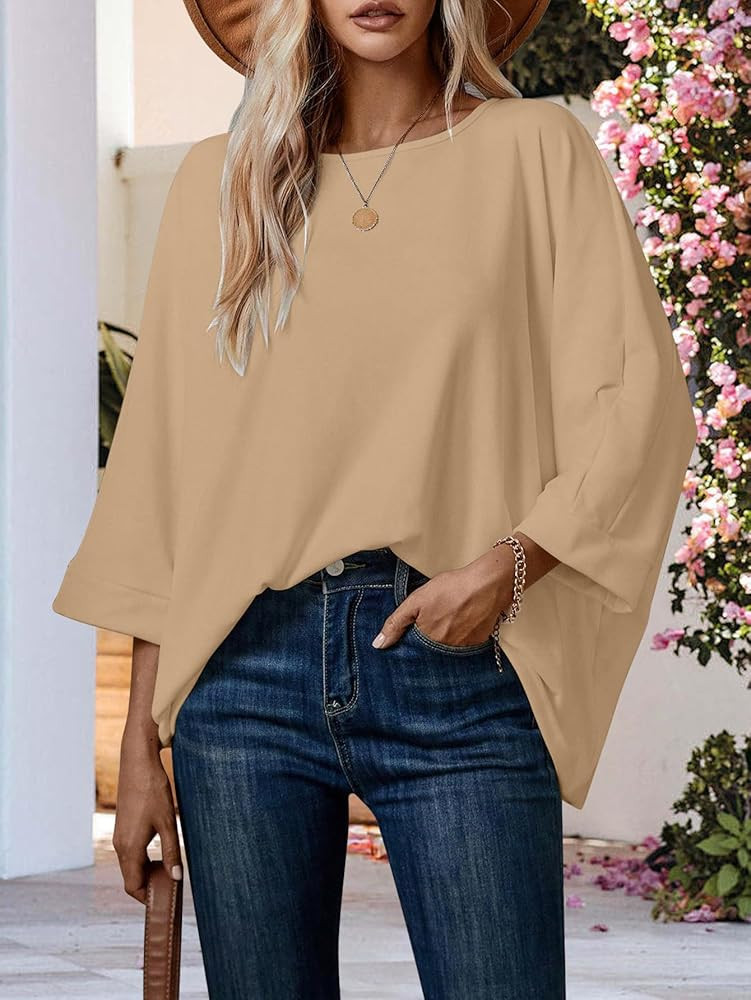 Women's 3/4 Batwing Sleeve Elegant Fall Summer Cape Blouse Scoop Neck Oversized Long Casual Tunic... | Amazon (US)