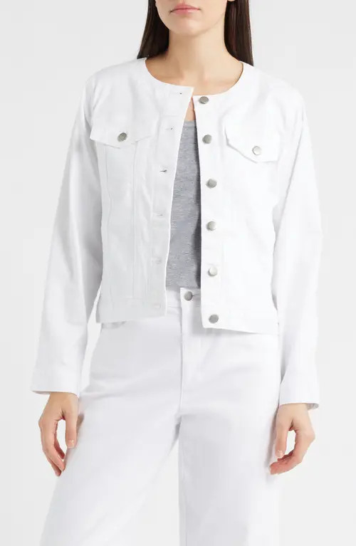 Eileen Fisher Stretch Organic Cotton Round Neck Jean Jacket in White at Nordstrom, Size X-Small | Nordstrom